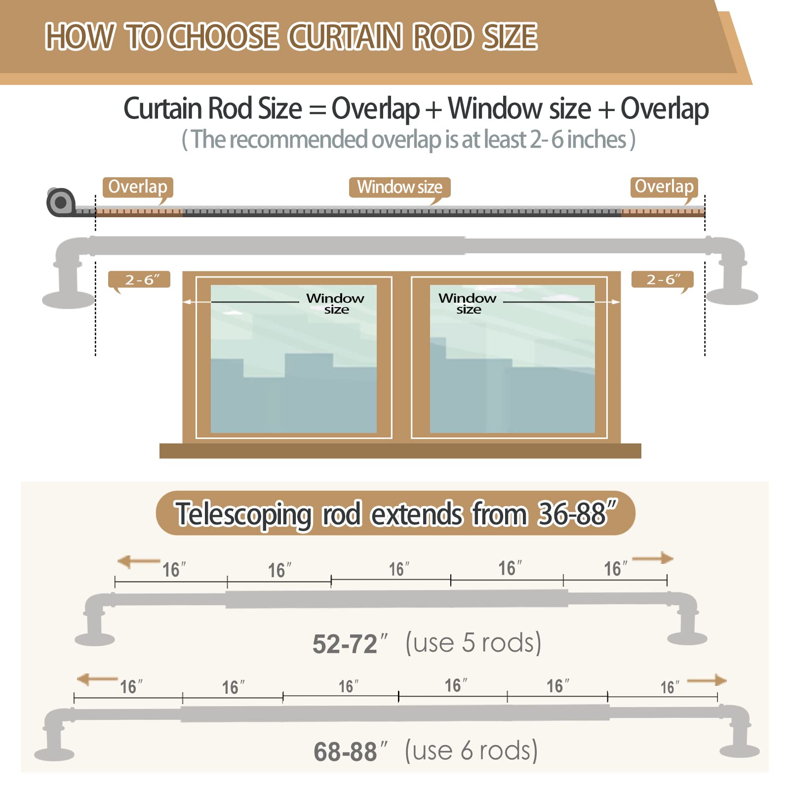 OLV Gold industrial curtain rod extends 36–120 inches for wider openings