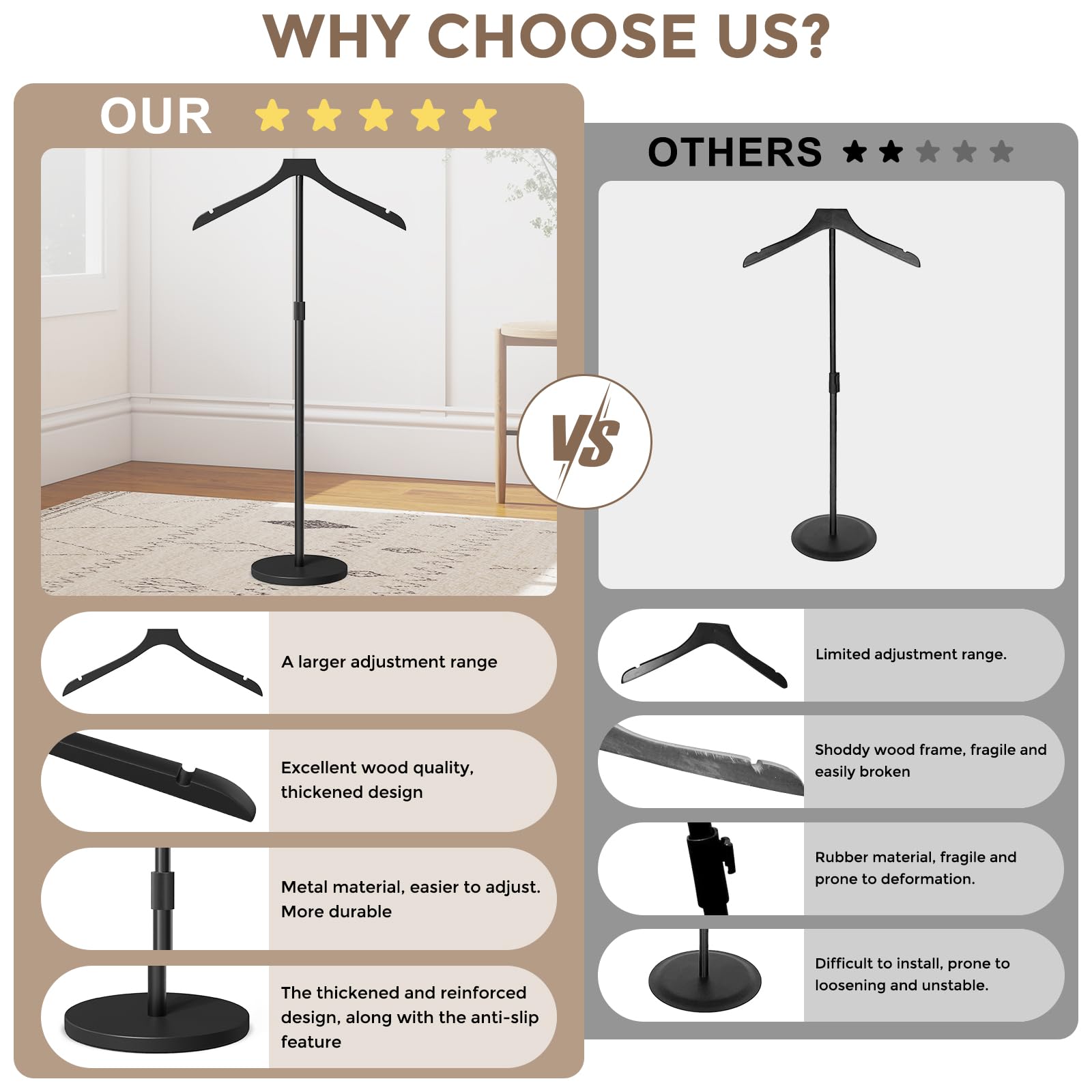 OLV torso stand featuring a wooden hanger for premium garment presentation