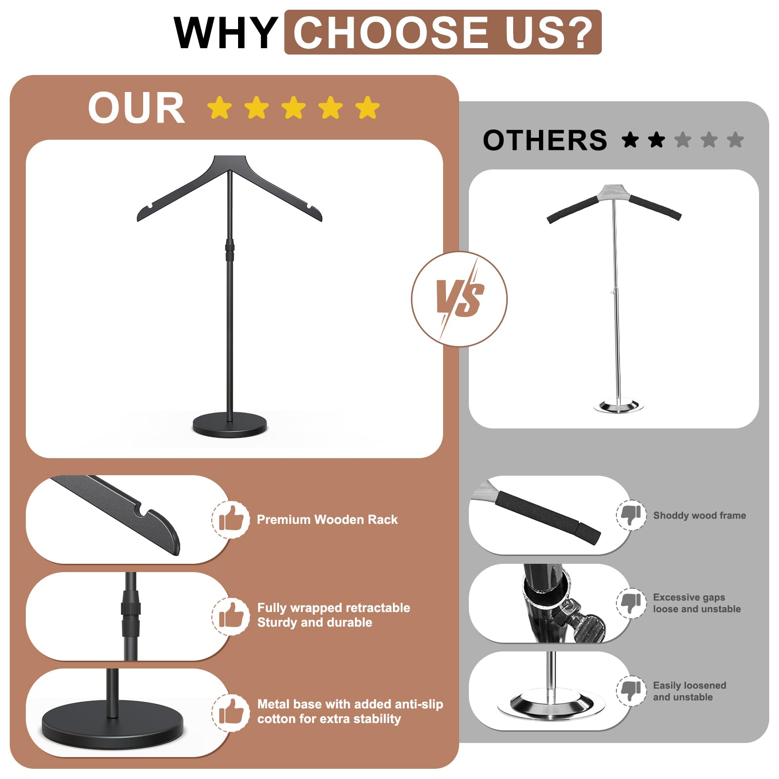 OLV adjustable height stand enables different garments at optimal viewing heights.