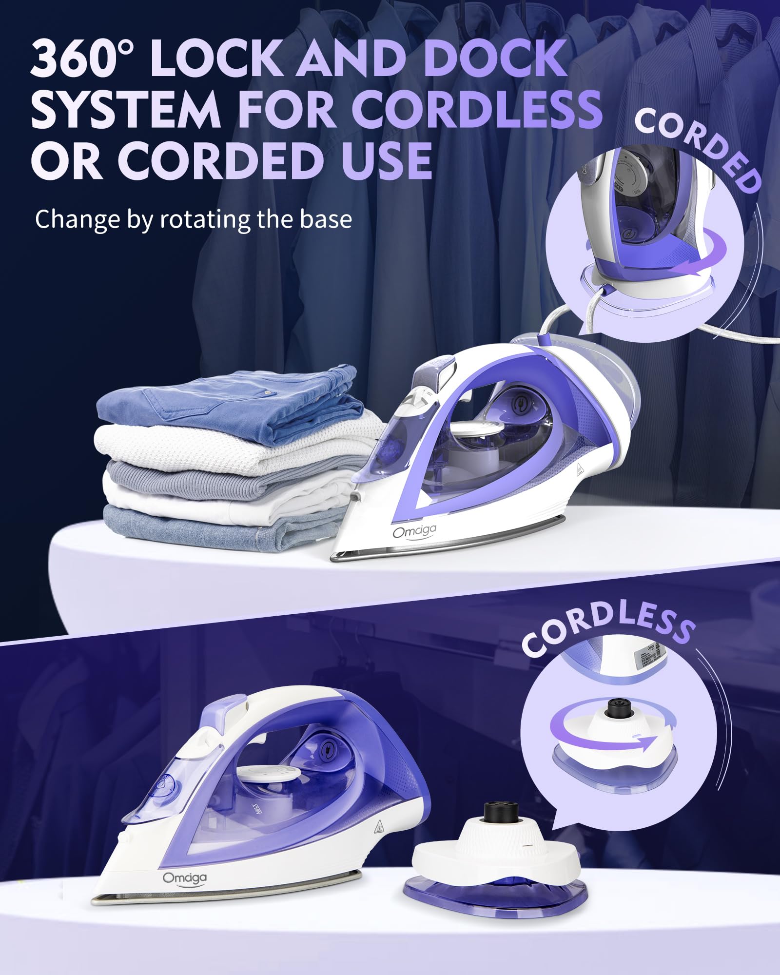 OMAIGA 2-in-1 cordless-corded iron offering flexible operation