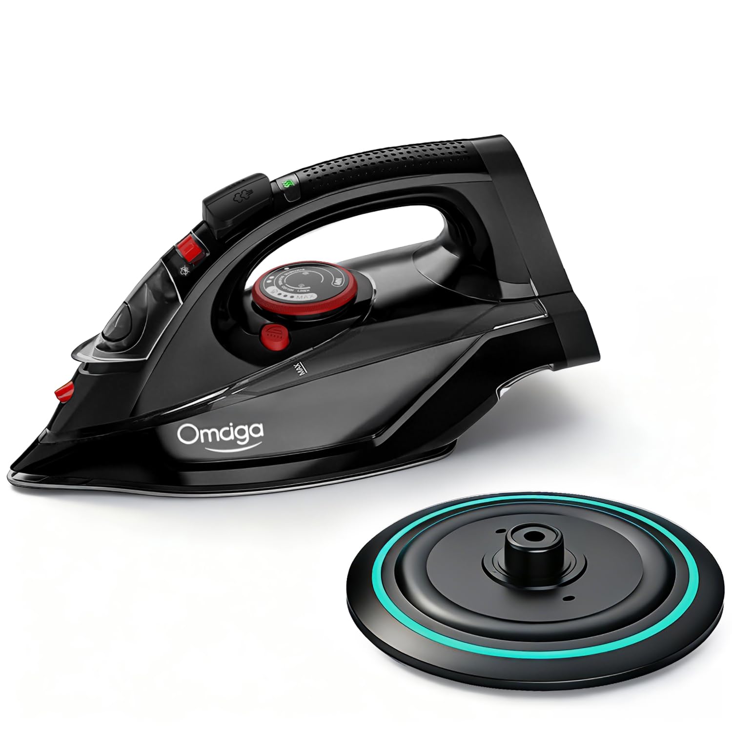 OMAIGA cordless iron base dock view showing quick reheat in 25 seconds.