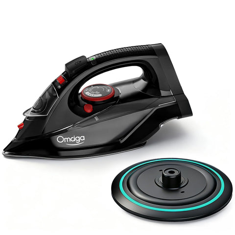 OMAIGA cordless iron base dock view showing quick reheat in 25 seconds.