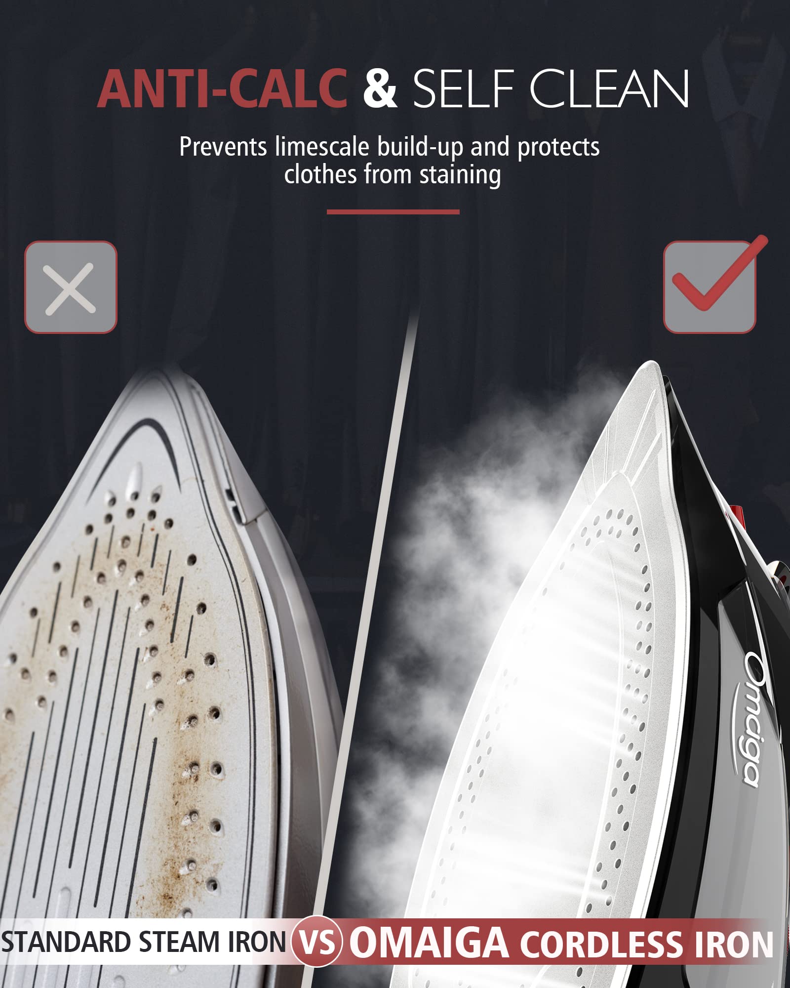 OMAIGA cordless iron self-clean cycle for maintenance