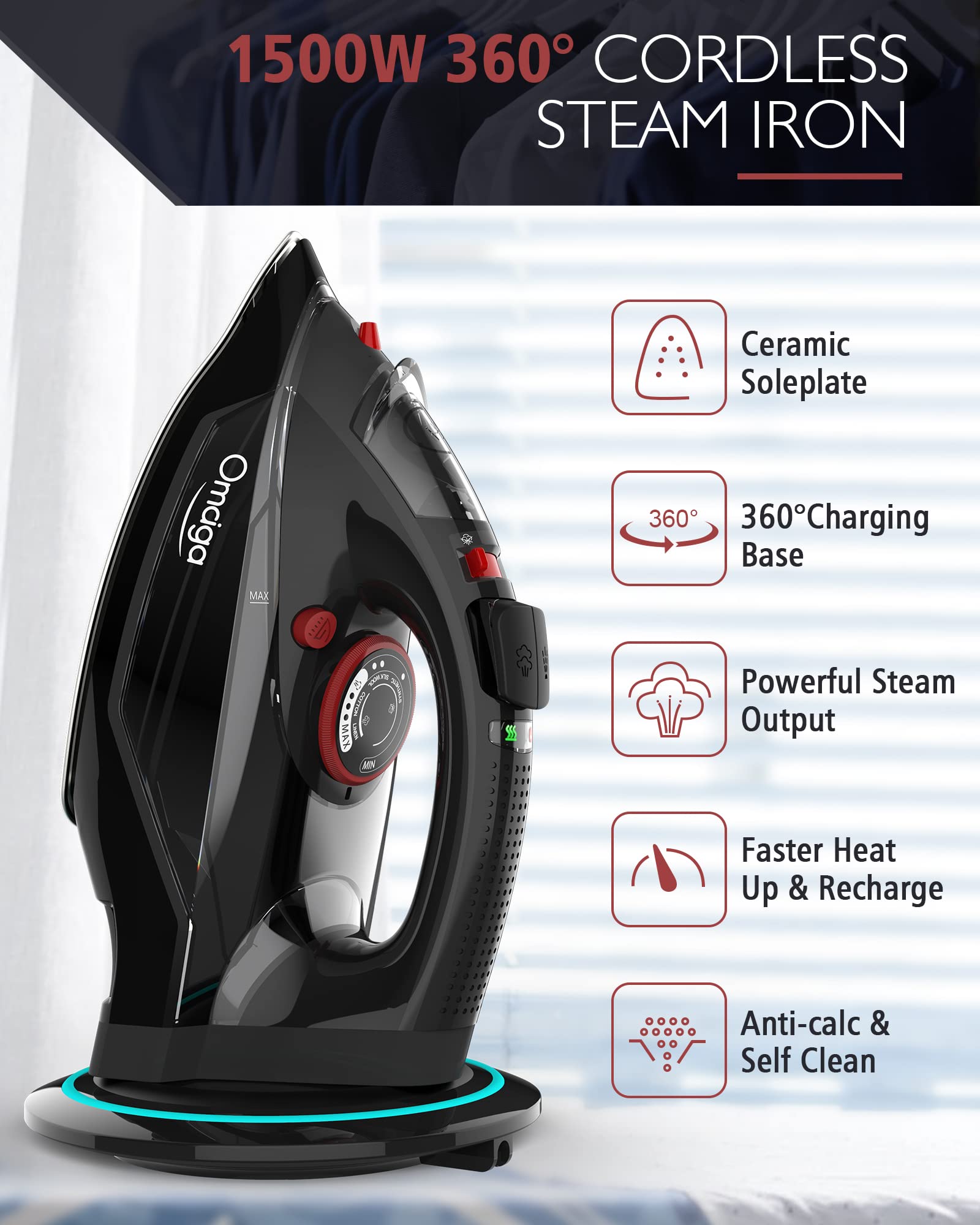 OMAIGA cordless iron releasing a steam burst for wrinkle removal