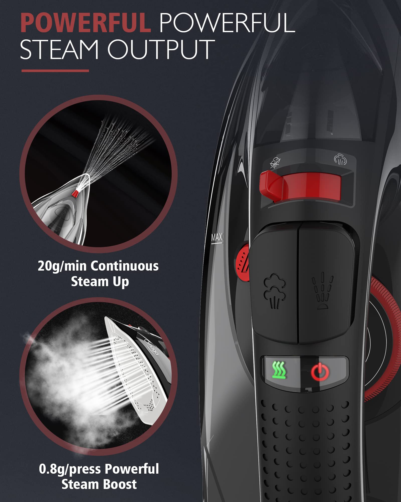 OMAIGA cordless iron with large 350ml water tank for fewer refills