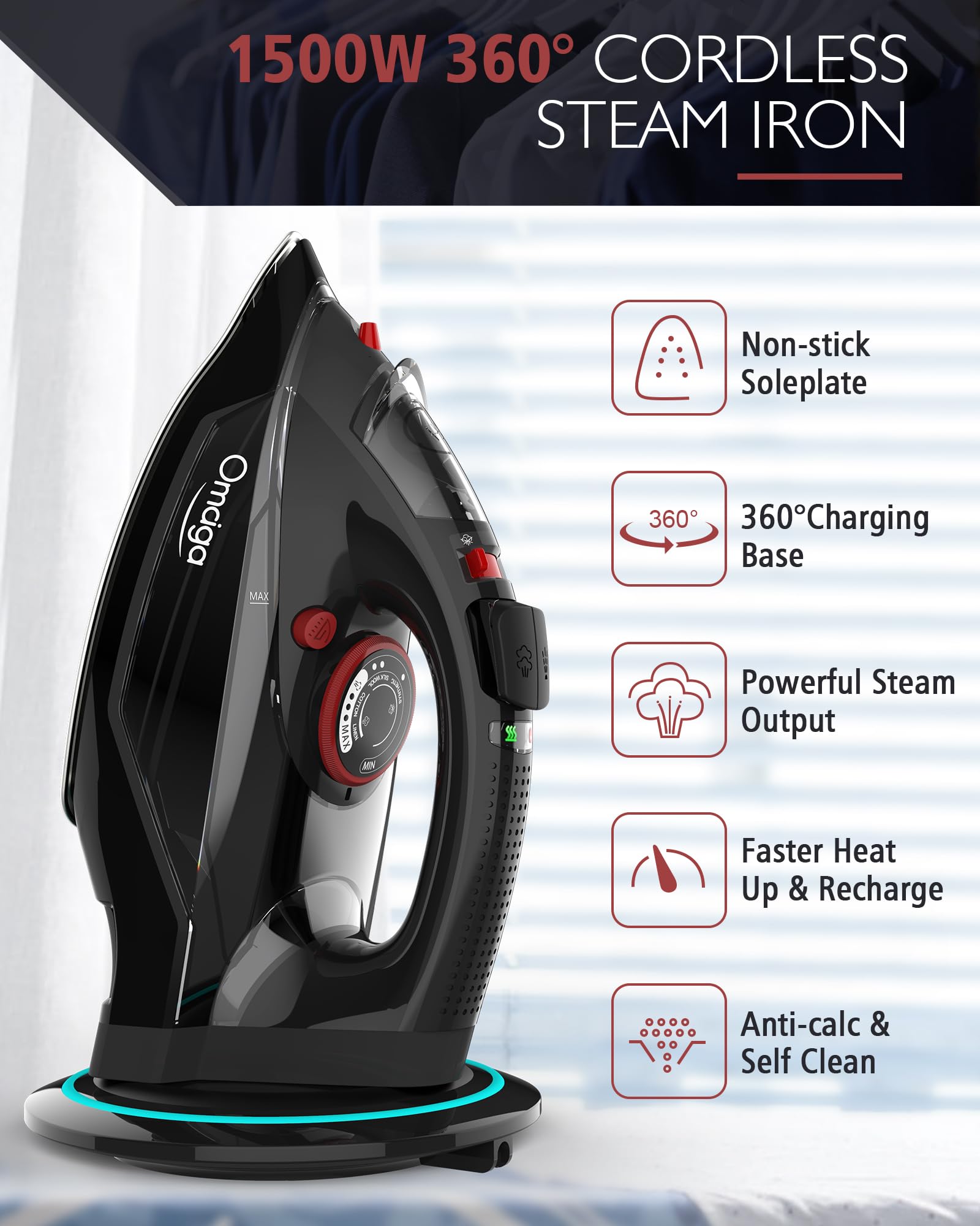 OMAIGA cordless iron with steam bursts tackling wrinkles on fabrics.