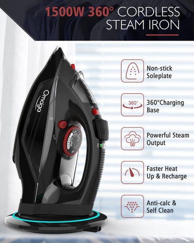 OMAIGA cordless iron with steam bursts tackling wrinkles on fabrics.