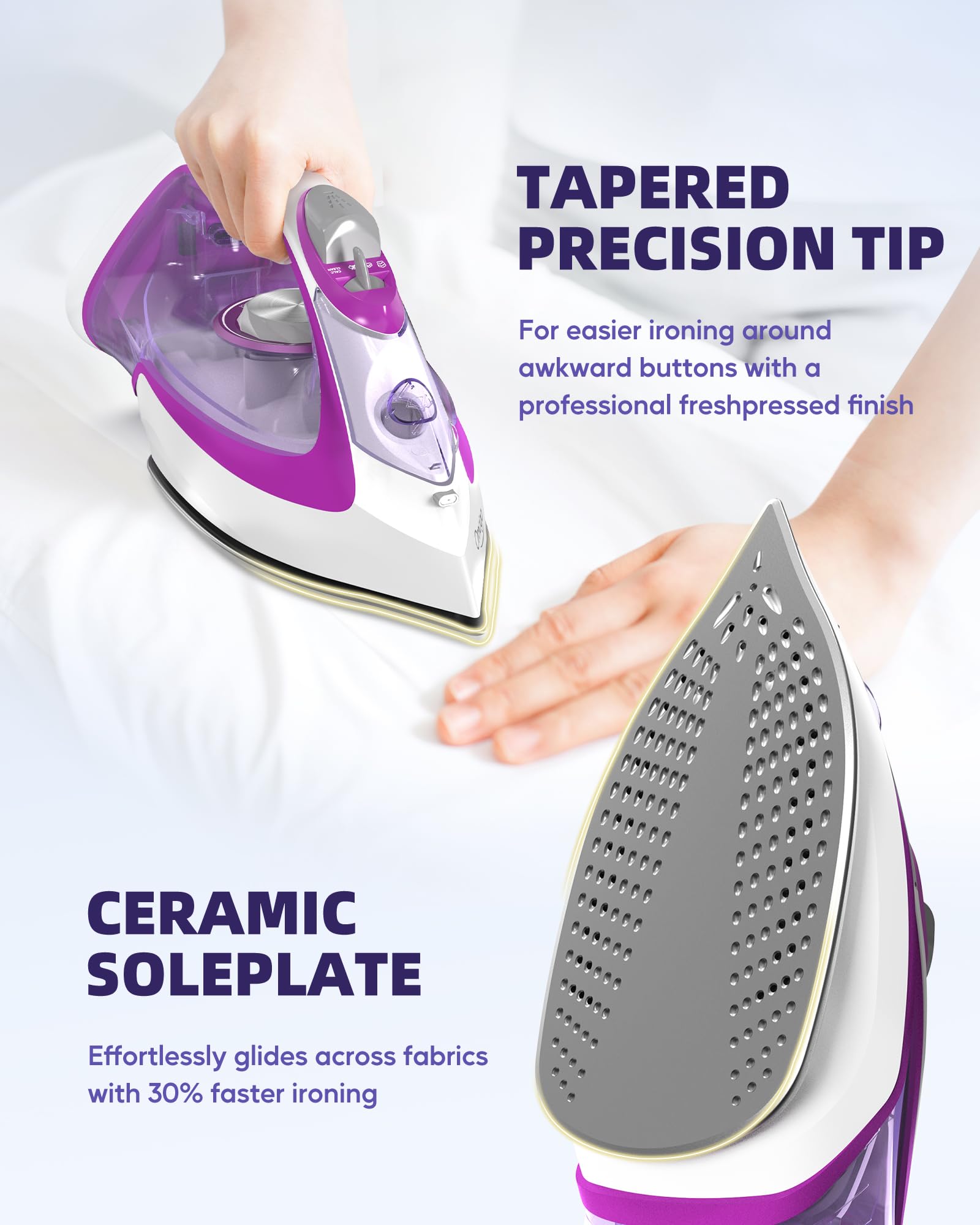 OMAIGA steam iron ceramic soleplate gliding smoothly across fabrics.