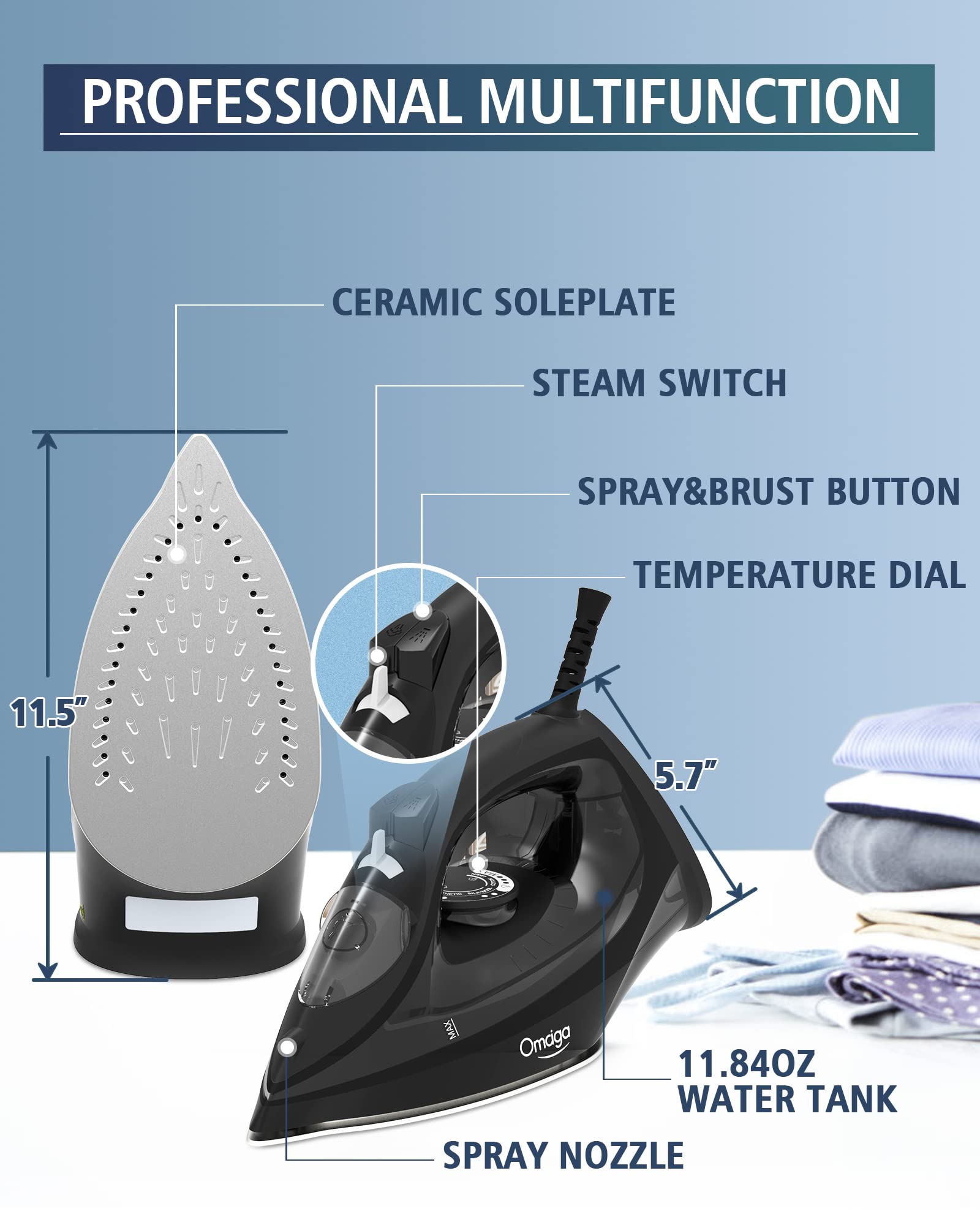 OMAIGA steam iron continuous steam for steady smoothing on garments
