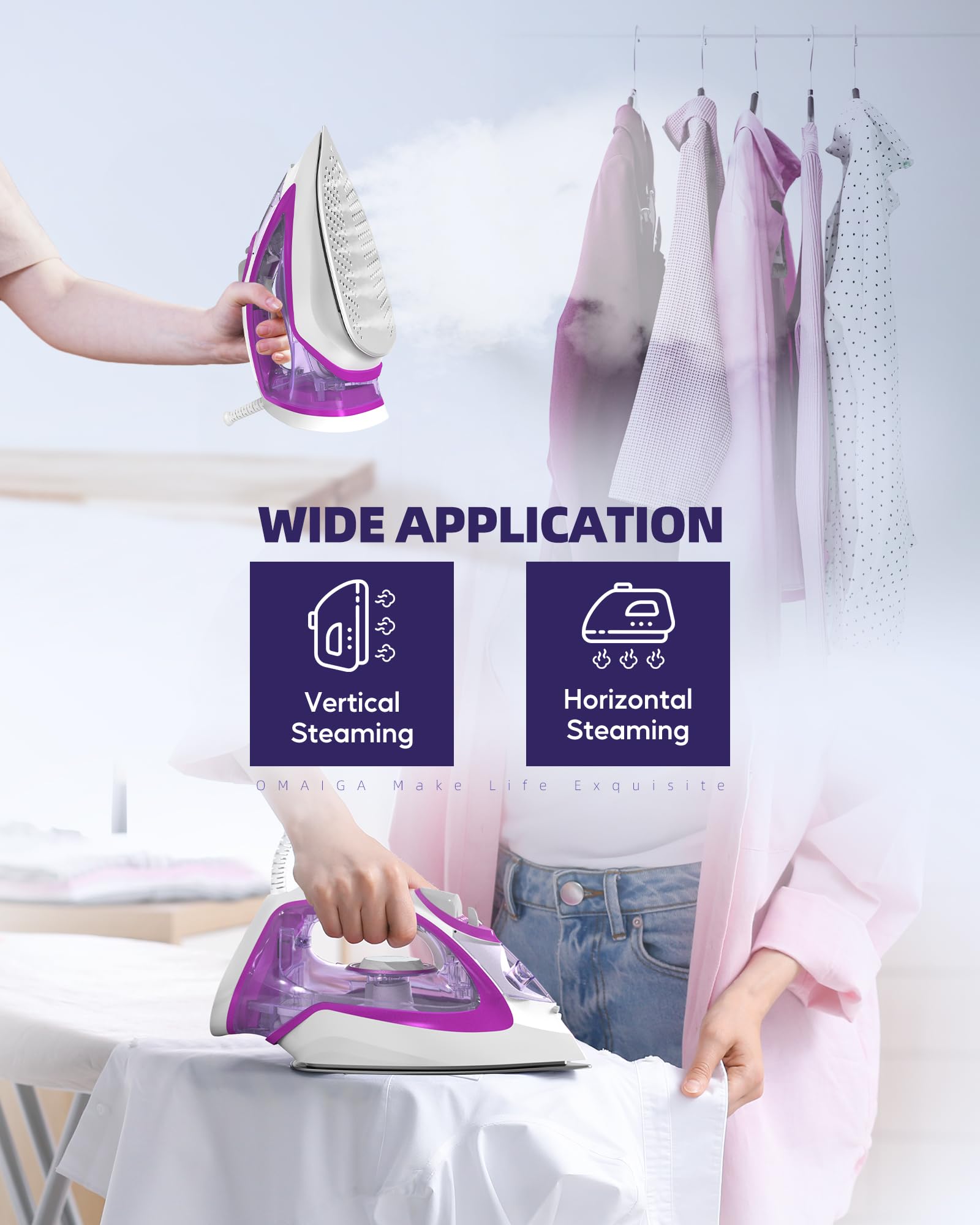 OMAIGA ergonomic control panel enables easy adjustments while ironing.