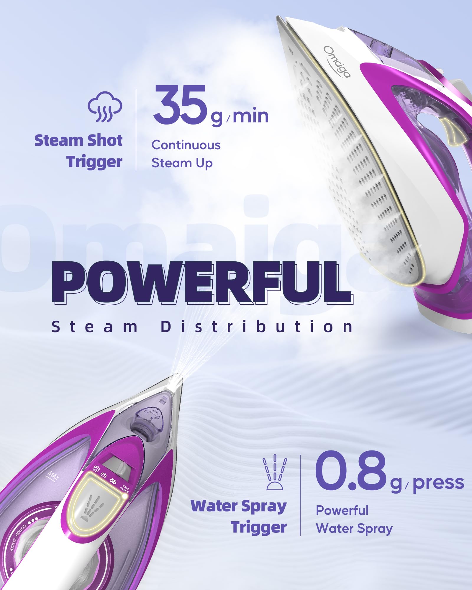 OMAIGA steam iron steam action demonstrates powerful vapor to relax stubborn wrinkles.