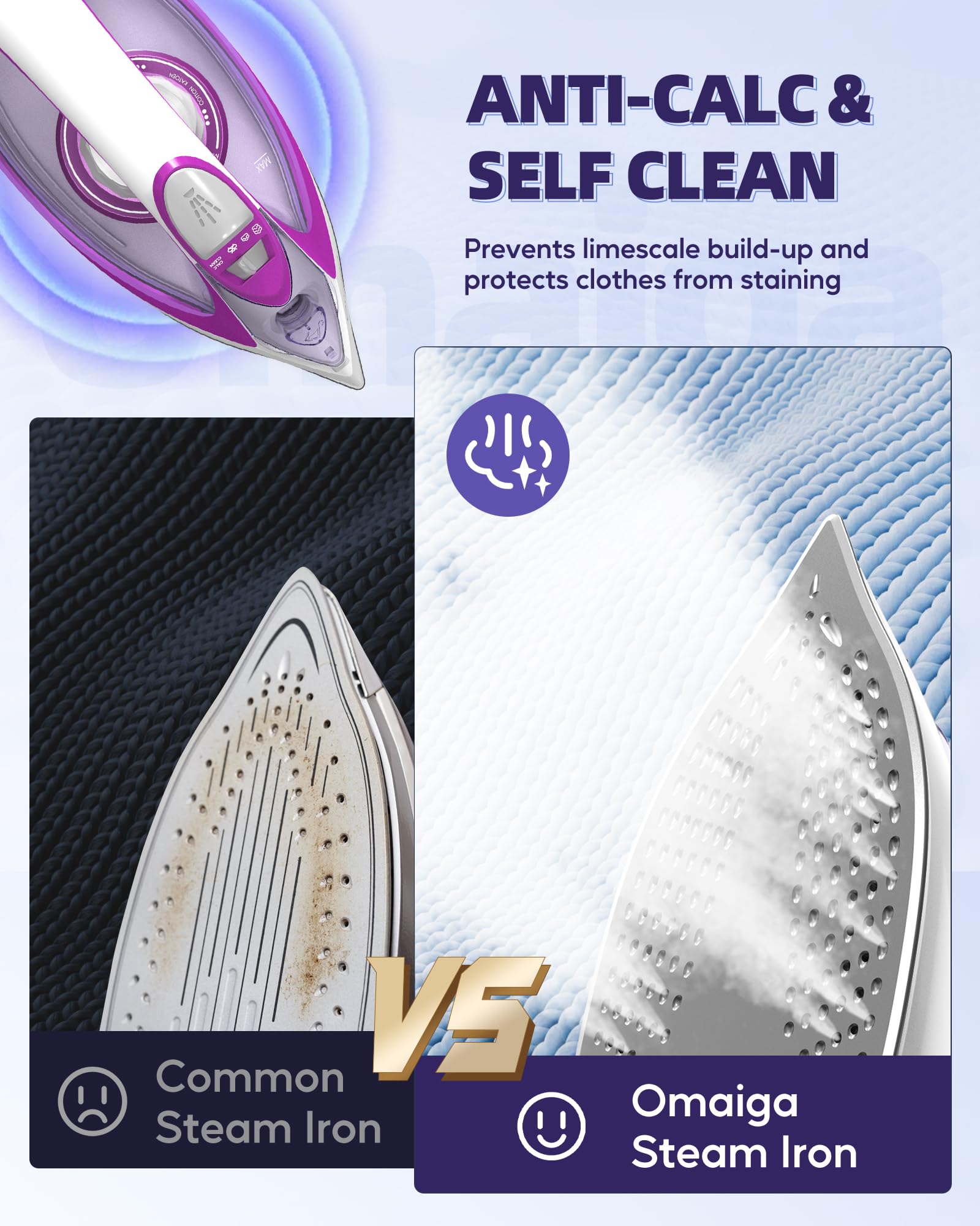 OMAIGA iron with large 450ml water tank for longer ironing sessions.