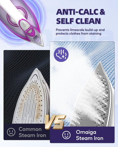 OMAIGA iron with large 450ml water tank for longer ironing sessions.