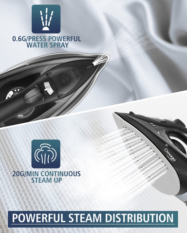 OMAIGA steam iron water tank showing large 350 ml capacity for longer sessions
