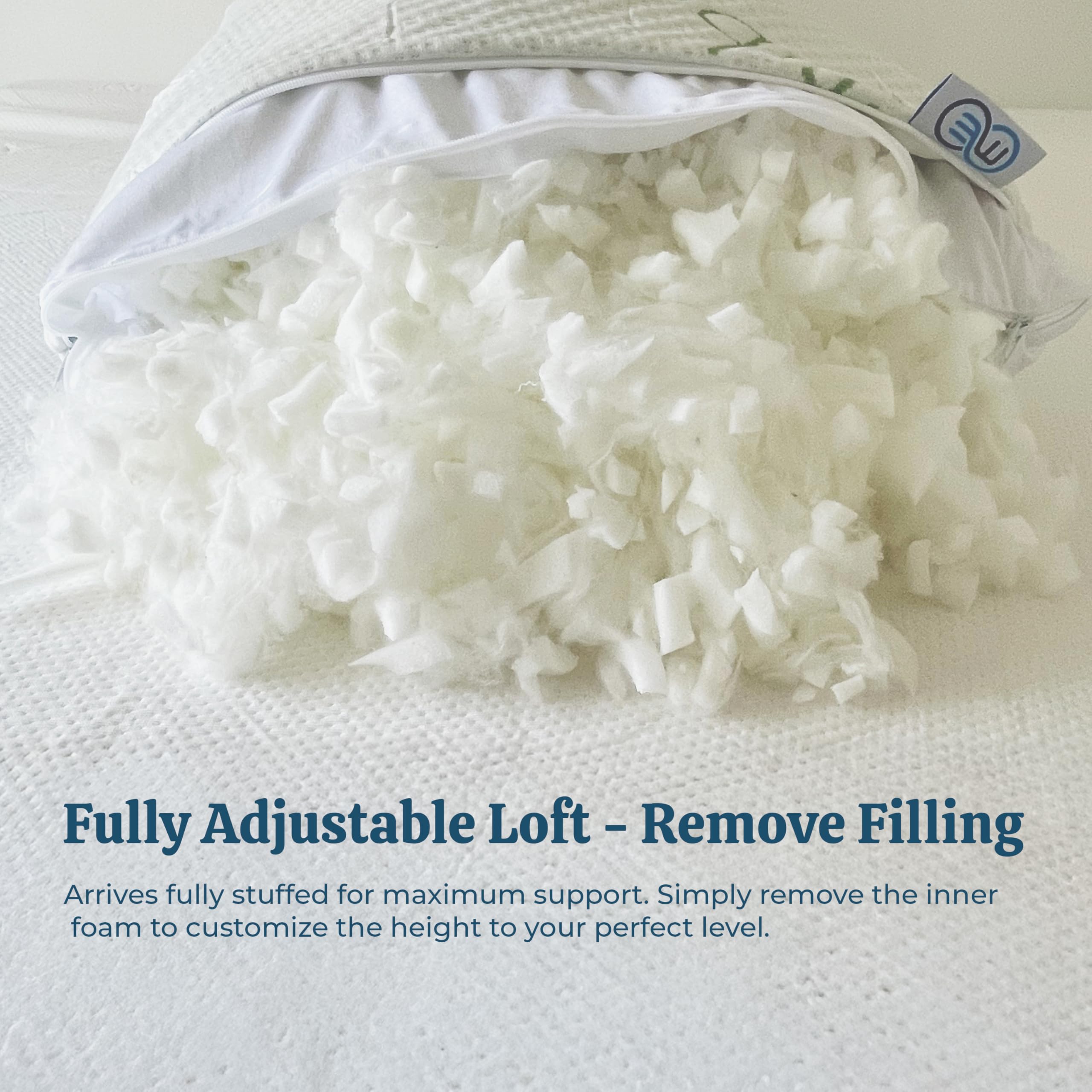 OMEO adjustable loft pillow shown with customizable firmness