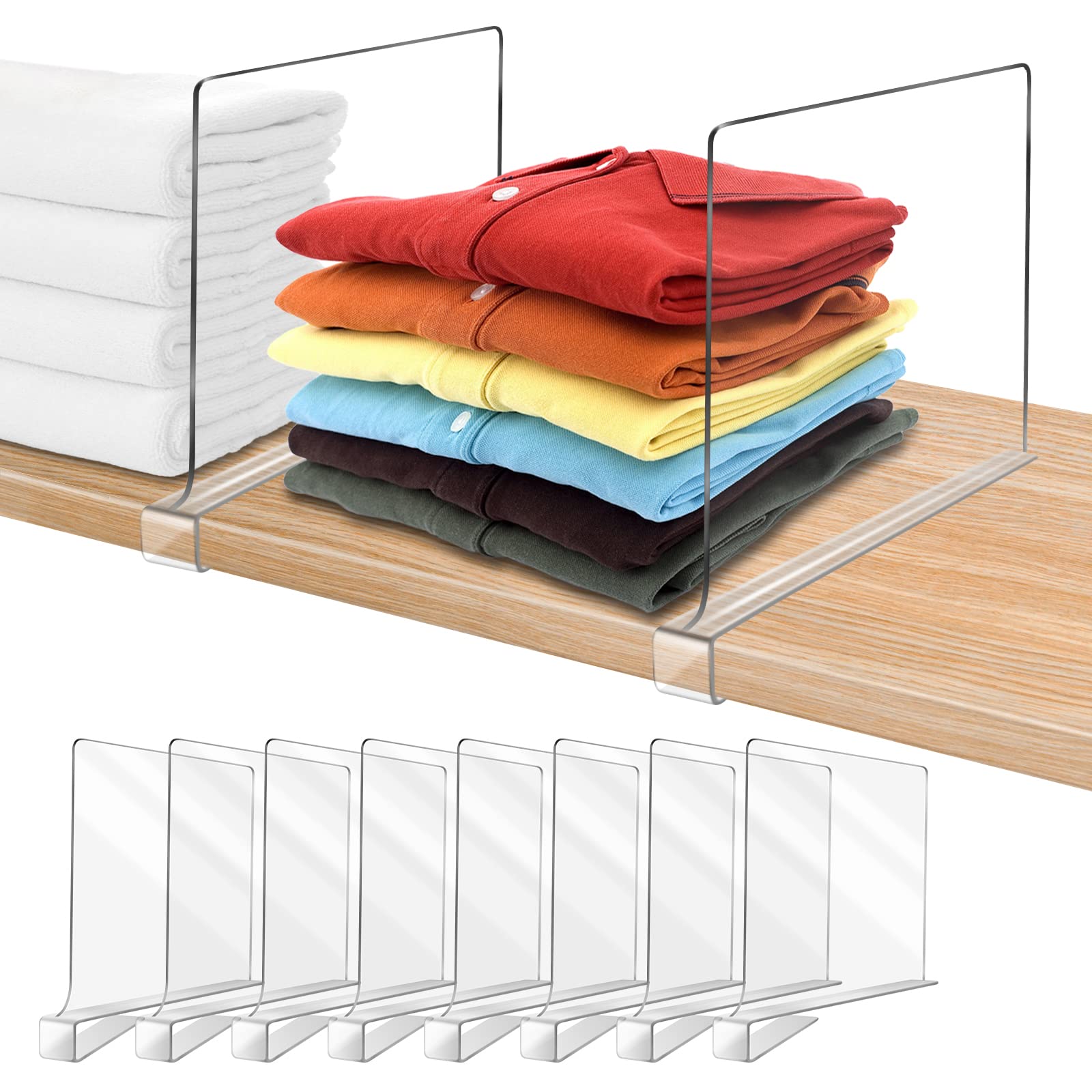 OMGelic clear acrylic shelf divider in closet front view enhances easy access and tidy shelves.