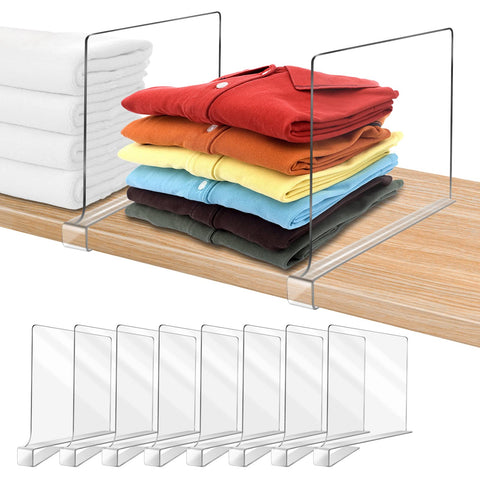 OMGelic clear acrylic shelf divider in closet front view enhances easy access and tidy shelves.