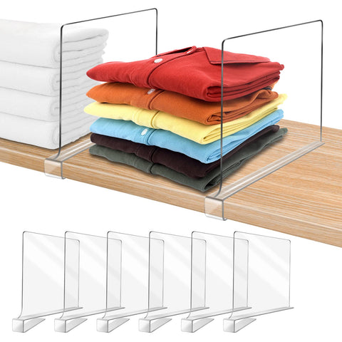 OMGelic clear shelf divider on a closet shelf keeps stacks organized and easy to access