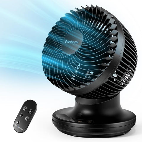 OmniBreeze 6in black table fan front view showing even airflow
