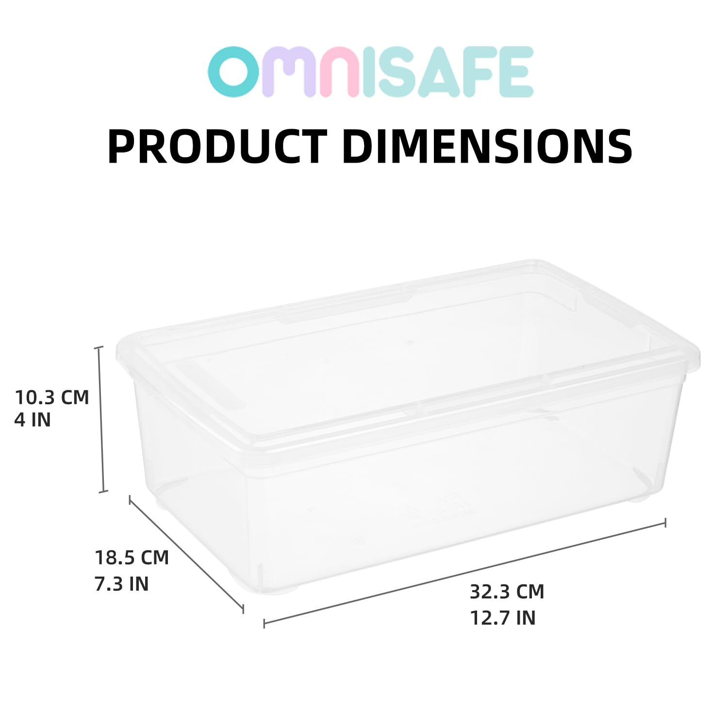 OMNISAFE shoebox stackable design saves space in closets and shelves.