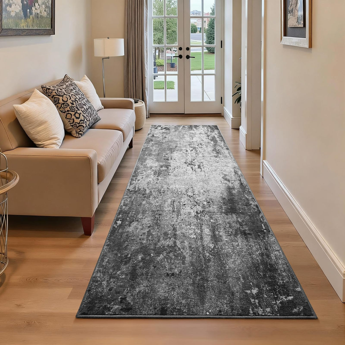 Ompaa 2.6x8 black rug runner with non-slip backing for hallway safety.