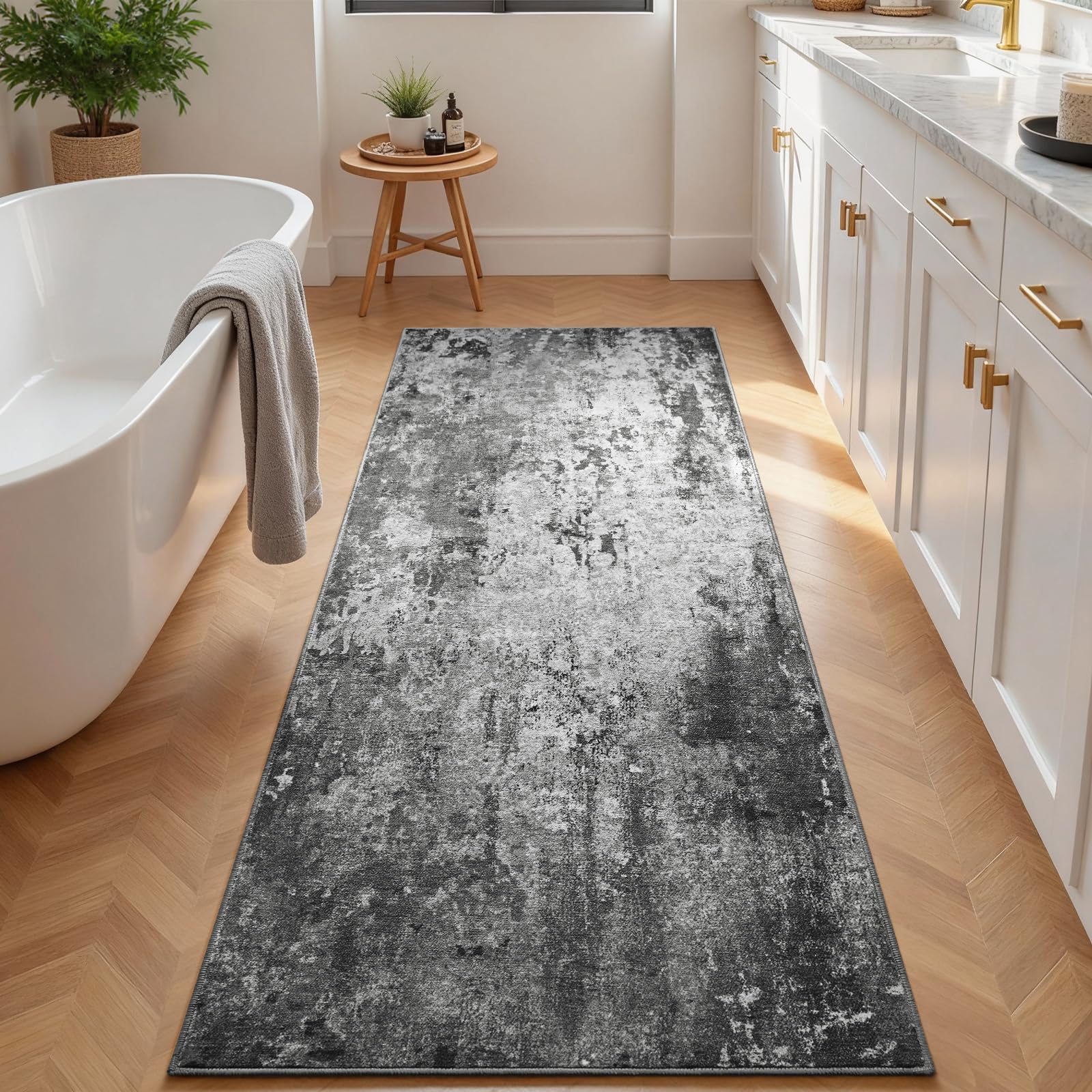 Ompaa 2x6 Black Kitchen Runner, non-slip backing improves safety on smooth floors.