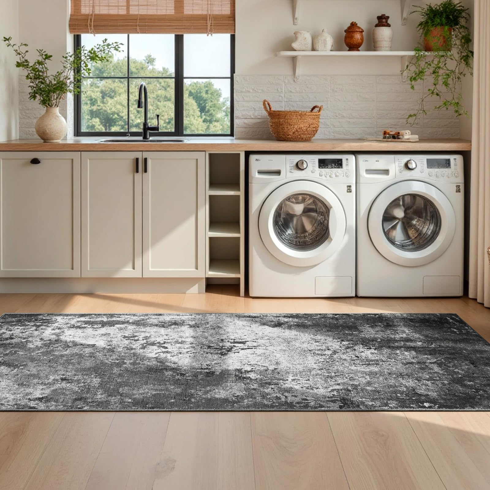 Ompaa 2x6 Black Washable Rug, easy cleaning for busy homes.
