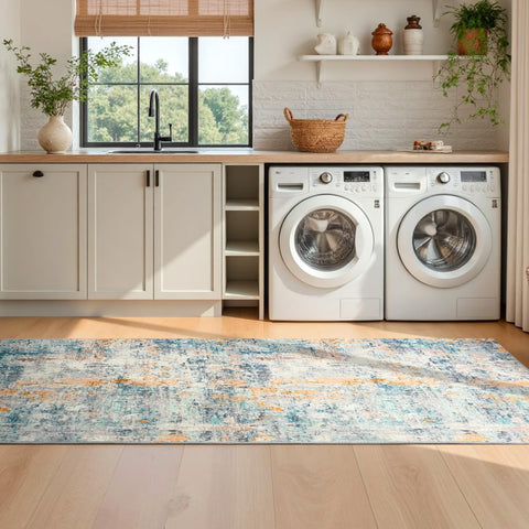 Ompaa blue-toned runner fits entryways and hallways while reducing slips.