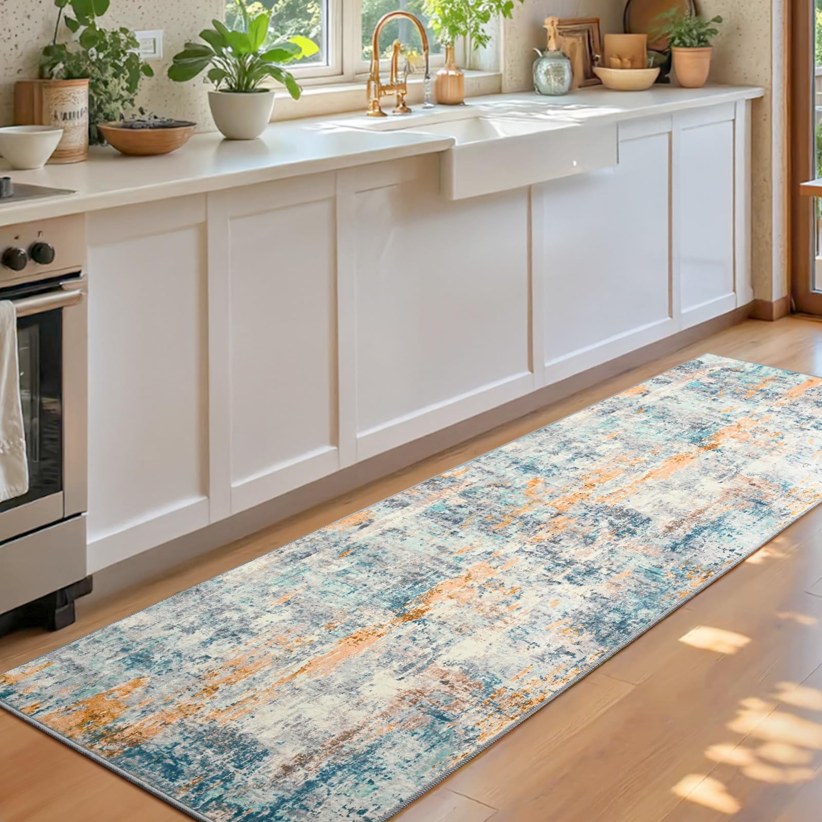 Ompaa 2x6 rug runner close-up shows abstract pattern adding contemporary flair.