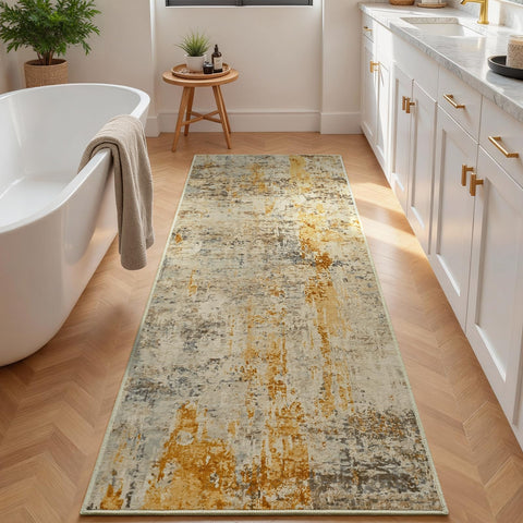 Ompaa beige rug runner with non-slip backing helps secure placement on smooth floors.