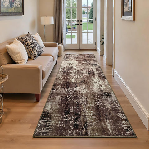 Ompaa brown rug runner in kitchen showcasing washable fibers for easy cleanup.
