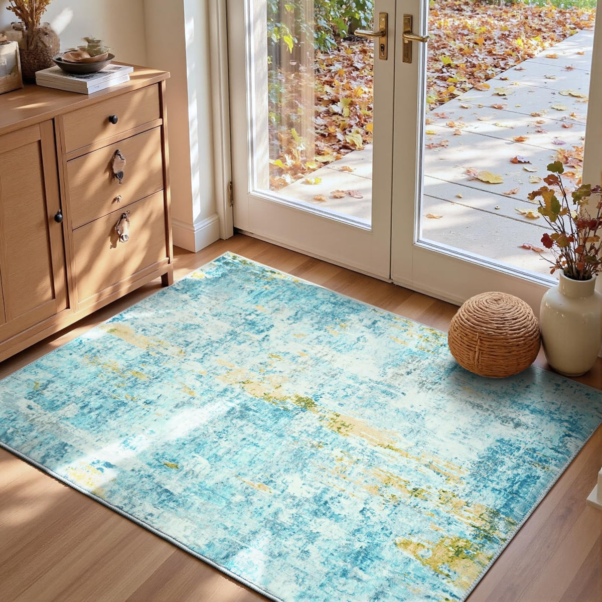 Ompaa entryway rug teal blue 3x5 enhances entry aesthetics and keeps feet warm.
