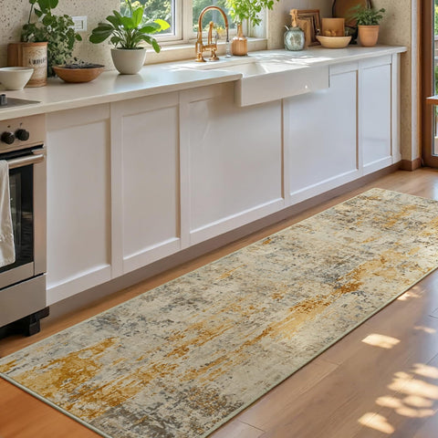 Ompaa kitchen runner in plush beige provides comfortable, barefoot-friendly steps.