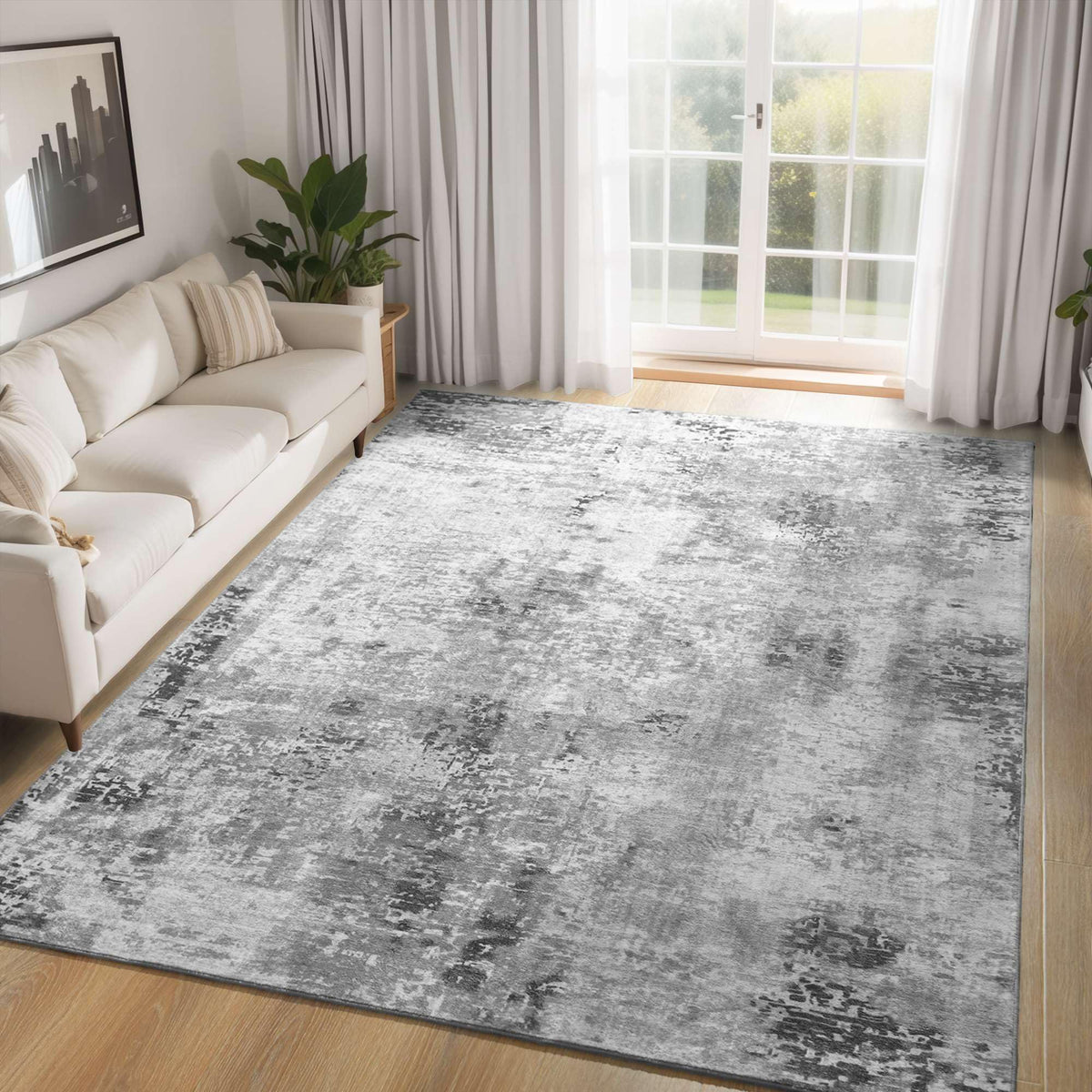Ompaa living room rug 5x7 with gray abstract pattern enhances seating areas for a calm space