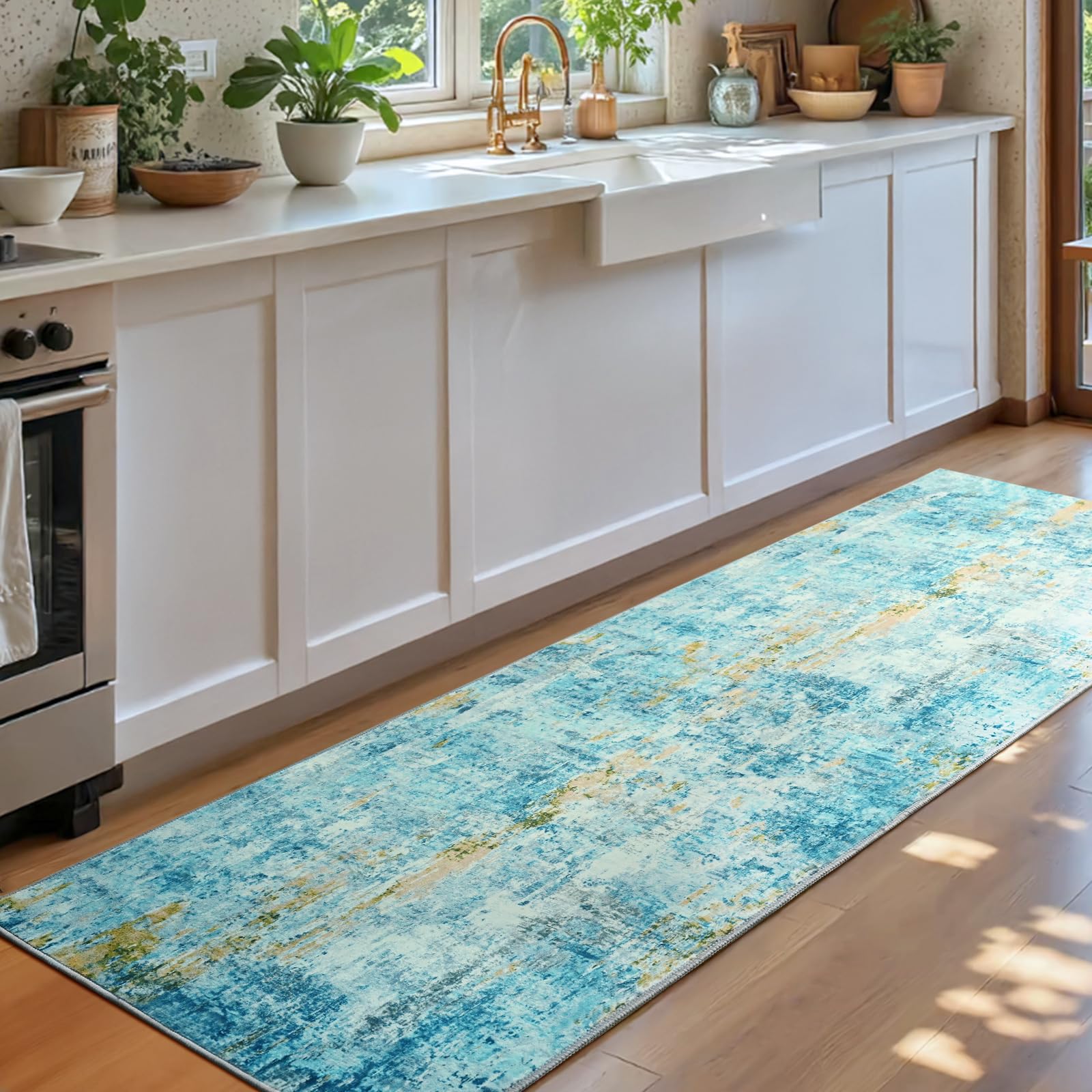 Ompaa Non-slip backing keeps the rug secure on smooth floors.