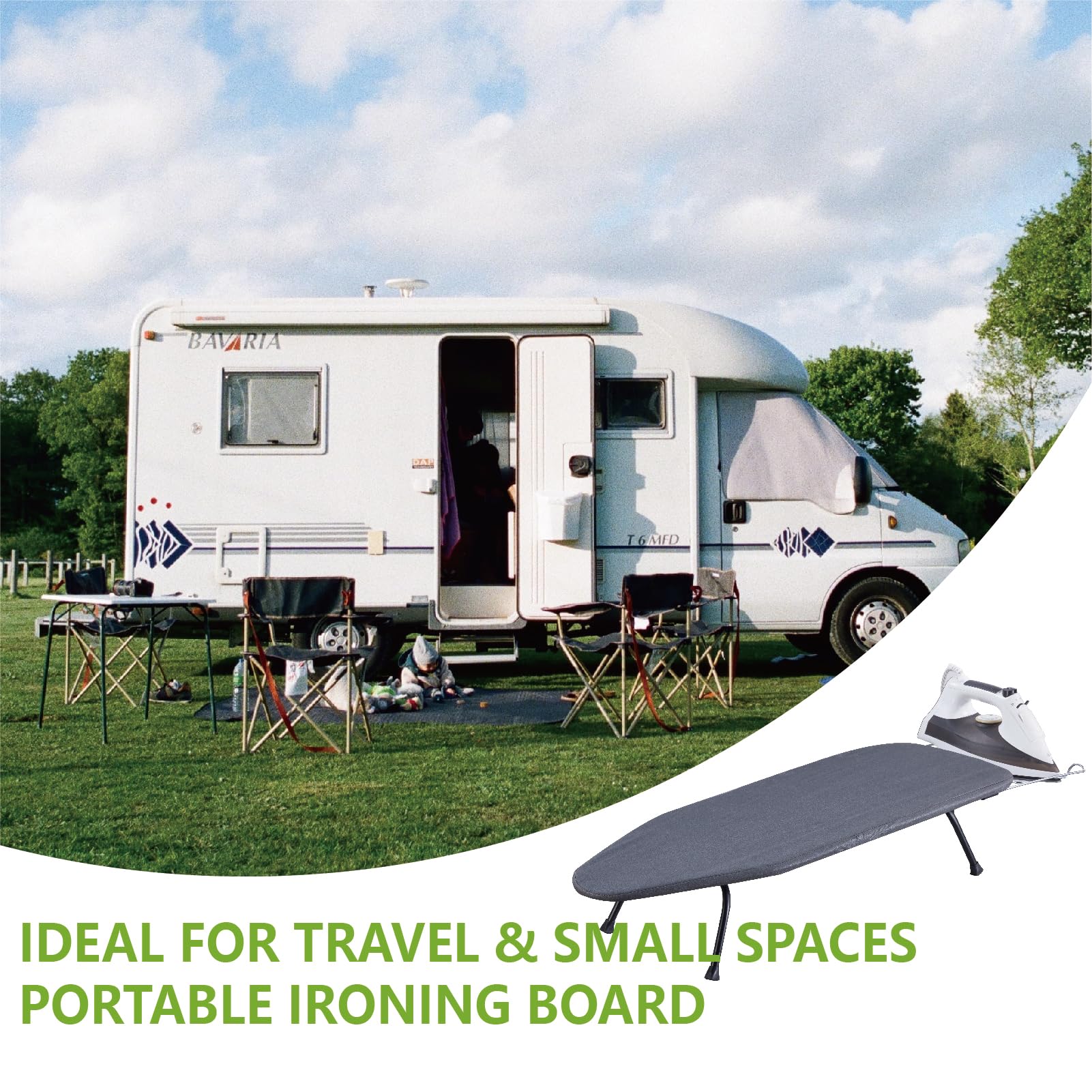 OMUACHIP portable ironing board ideal for dorms and travel ironing scenarios