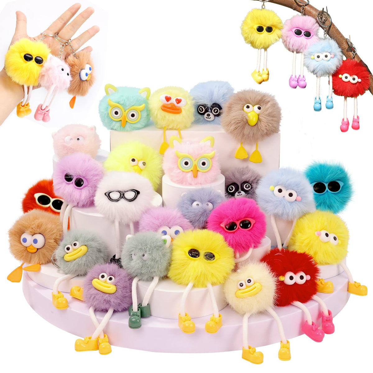 OMyFav 24-pcs fluffy keychains bundle, colorful party favors ready for gifting.