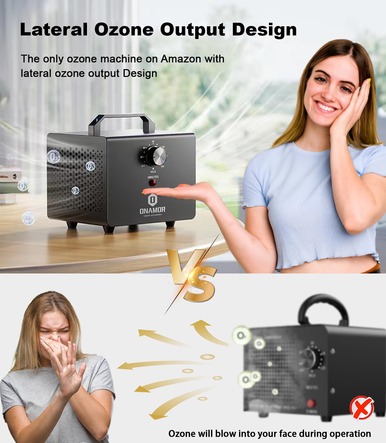 ONAMOR ozone generator side view highlighting durable build for home or office use