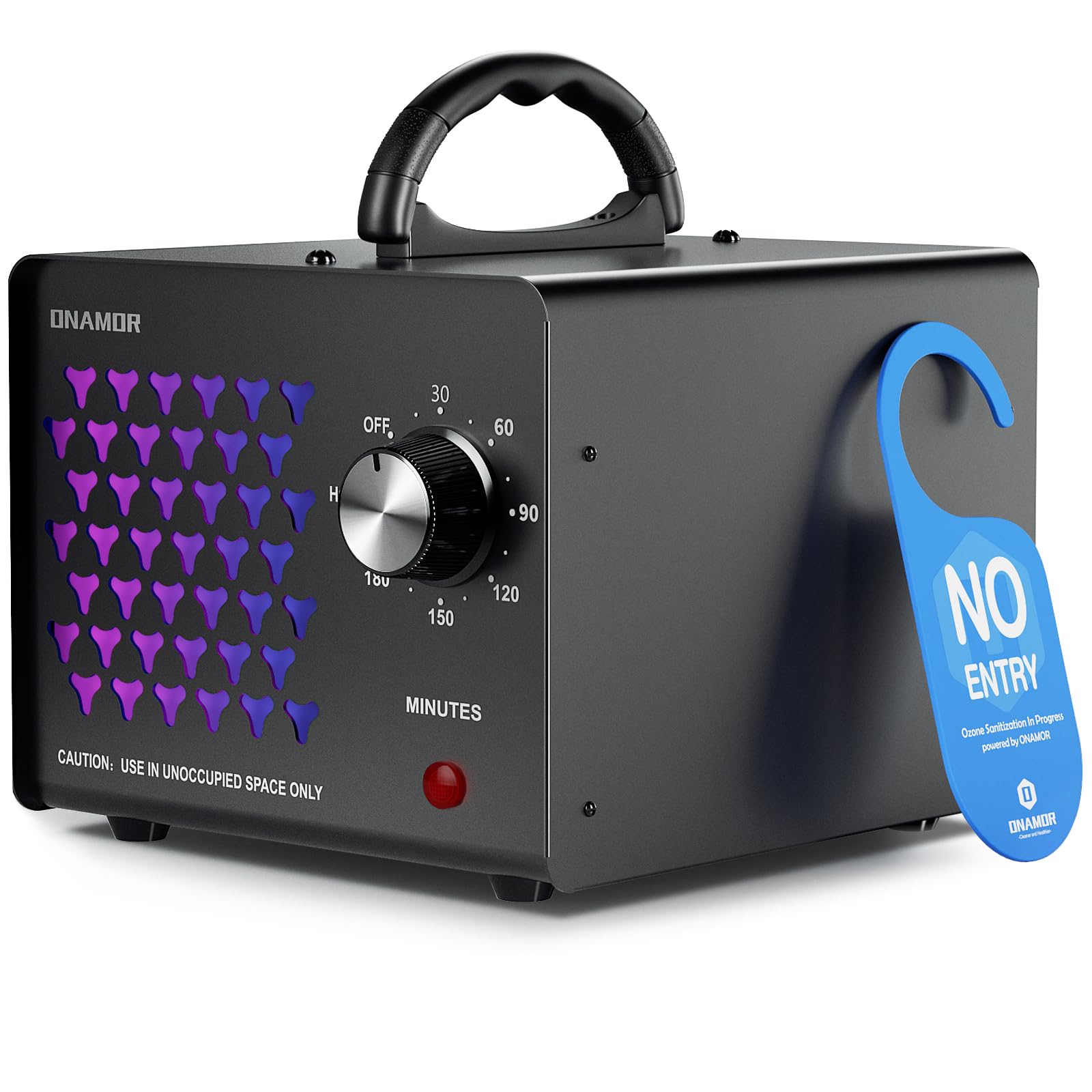 ONAMOR ozone generator front view showing durable metal shell