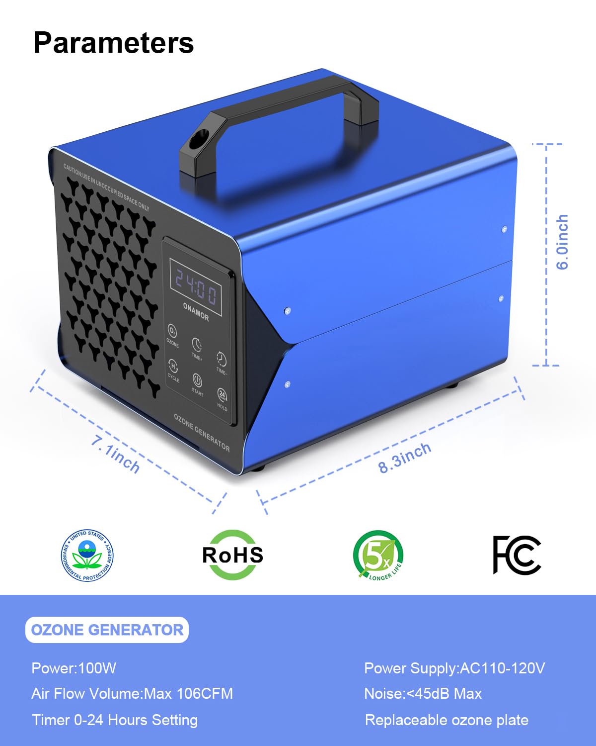 ONAMOR ozone generator portable-handle image emphasizes mobility for convenient use.