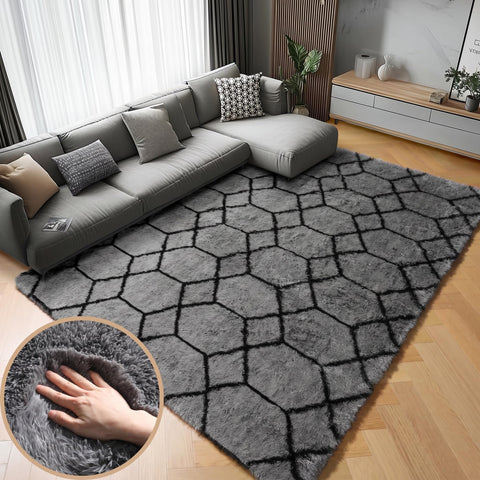 ONASAR geometric rug in grey and black enhances living room style with plush comfort.