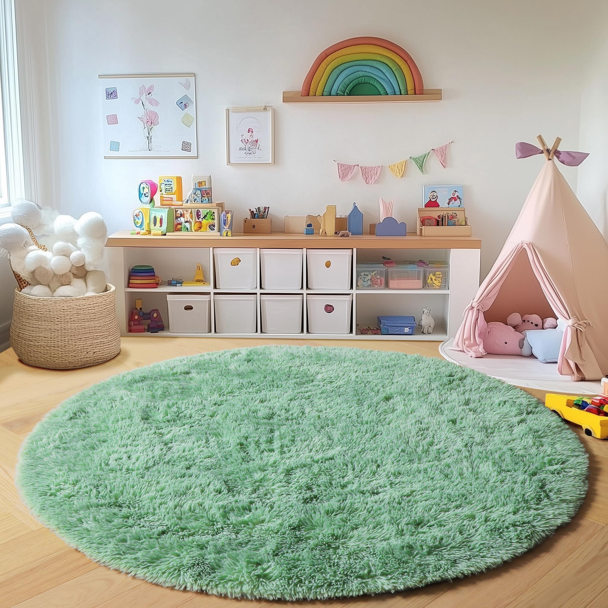 ONASAR sage-green-round-rug nursery-friendly soft surface