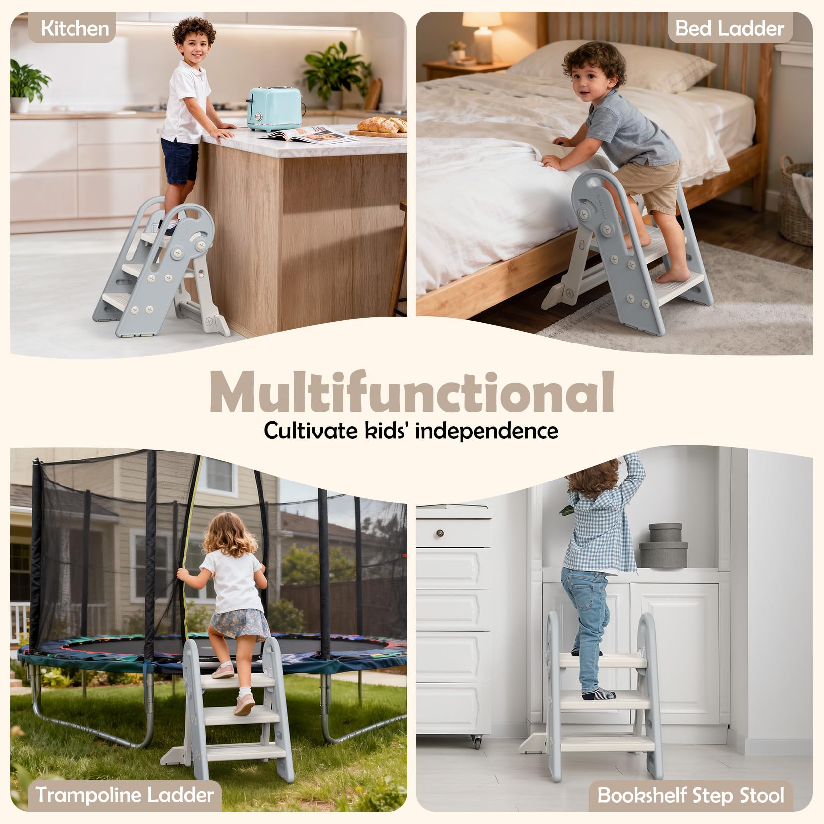 Child reaches sink for independent handwashing with sturdy steps.