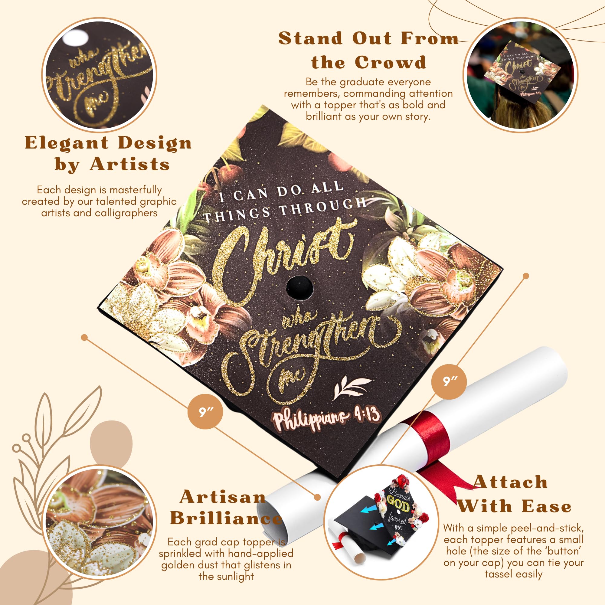 Once Upon A Time graduation cap topper with elegant calligraphy and floral accents.