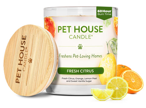 One Fur All Pet House Candle Fresh Citrus bottle emits a pet-friendly, refreshing aroma.