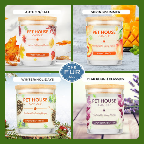 One Fur All Pet House Candle Made in USA packaging signals quality for pet homes.