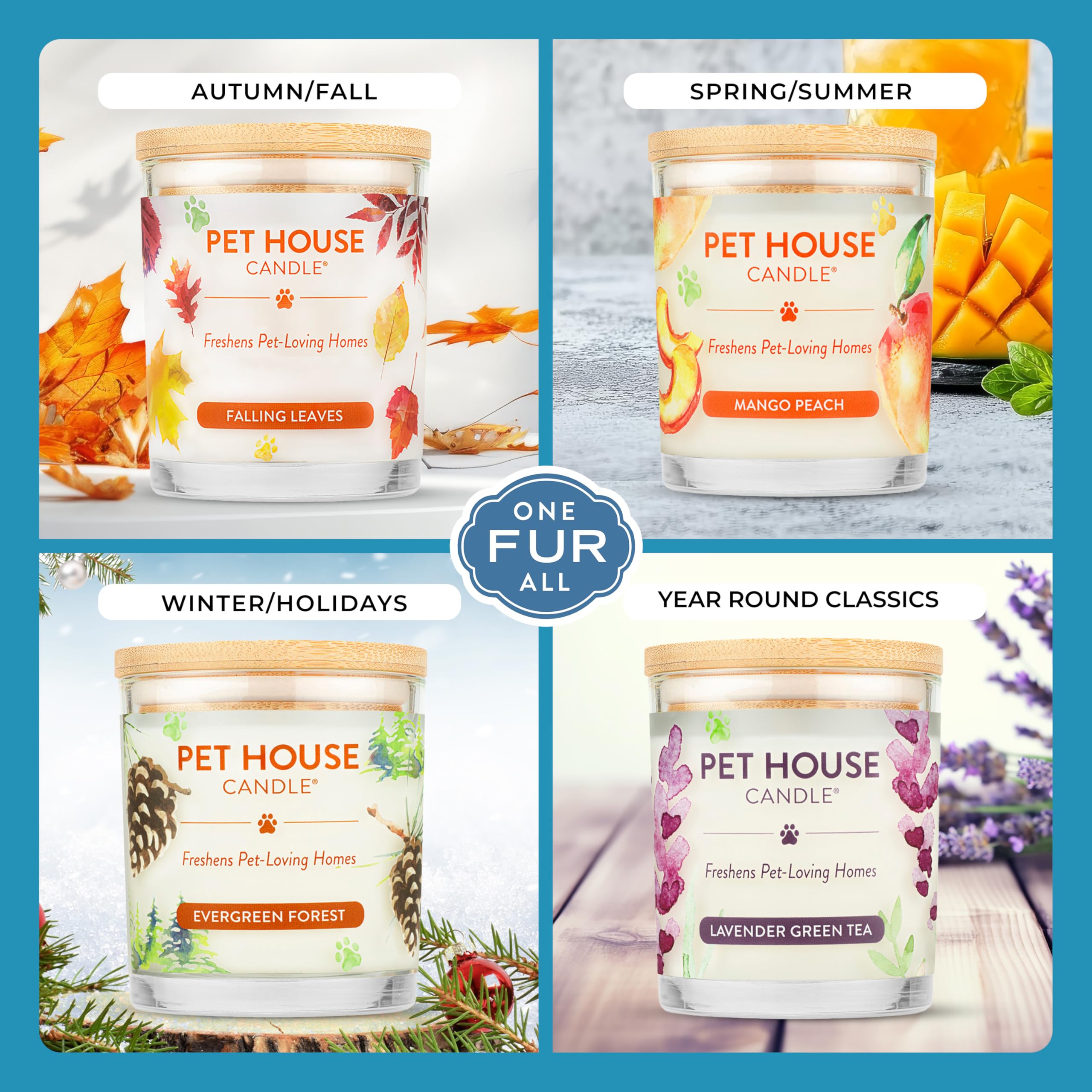 One Fur All candle with up to 60-hour burn time for long-lasting aroma