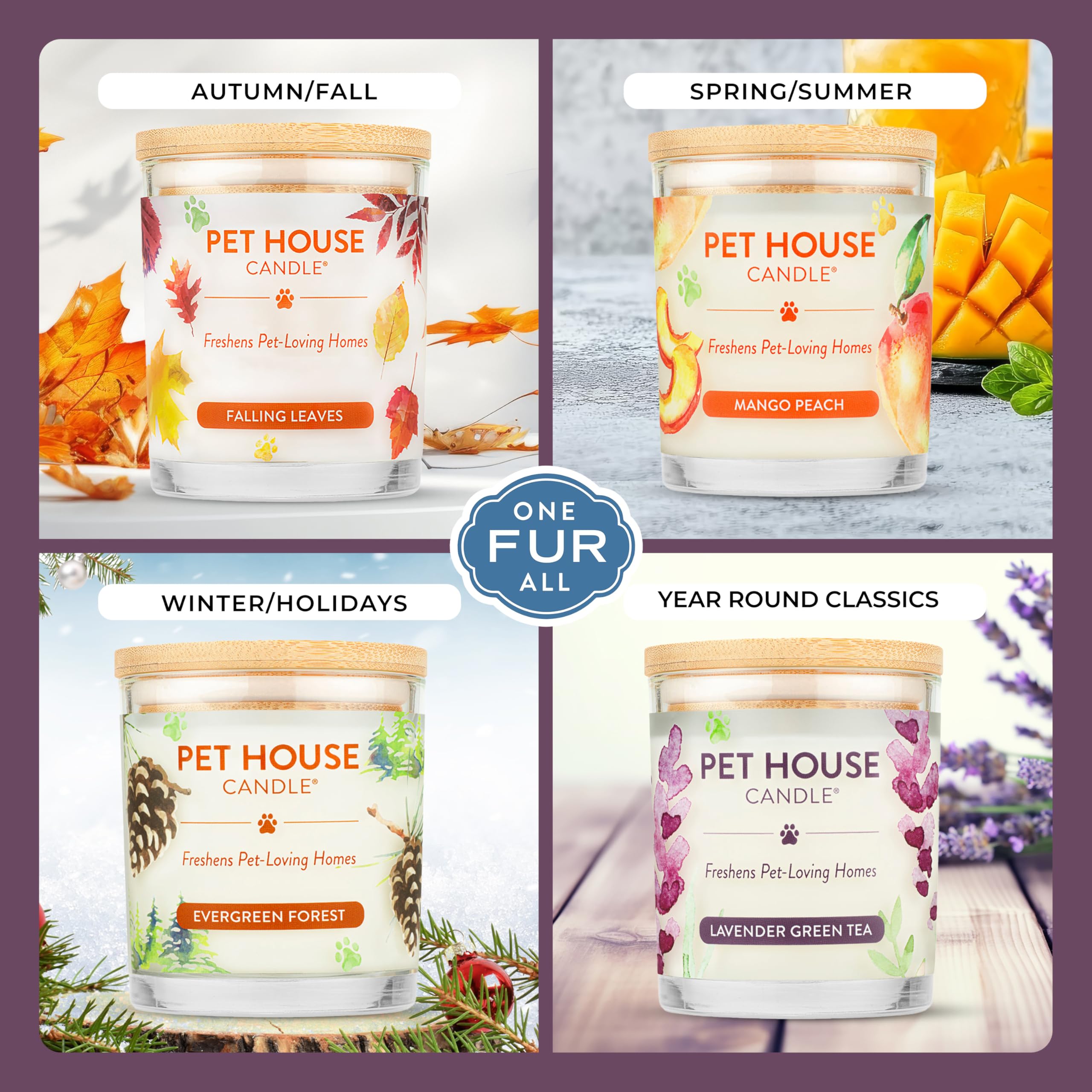 One Fur All candle with cotton wick emphasizes clean, dye-free burn.