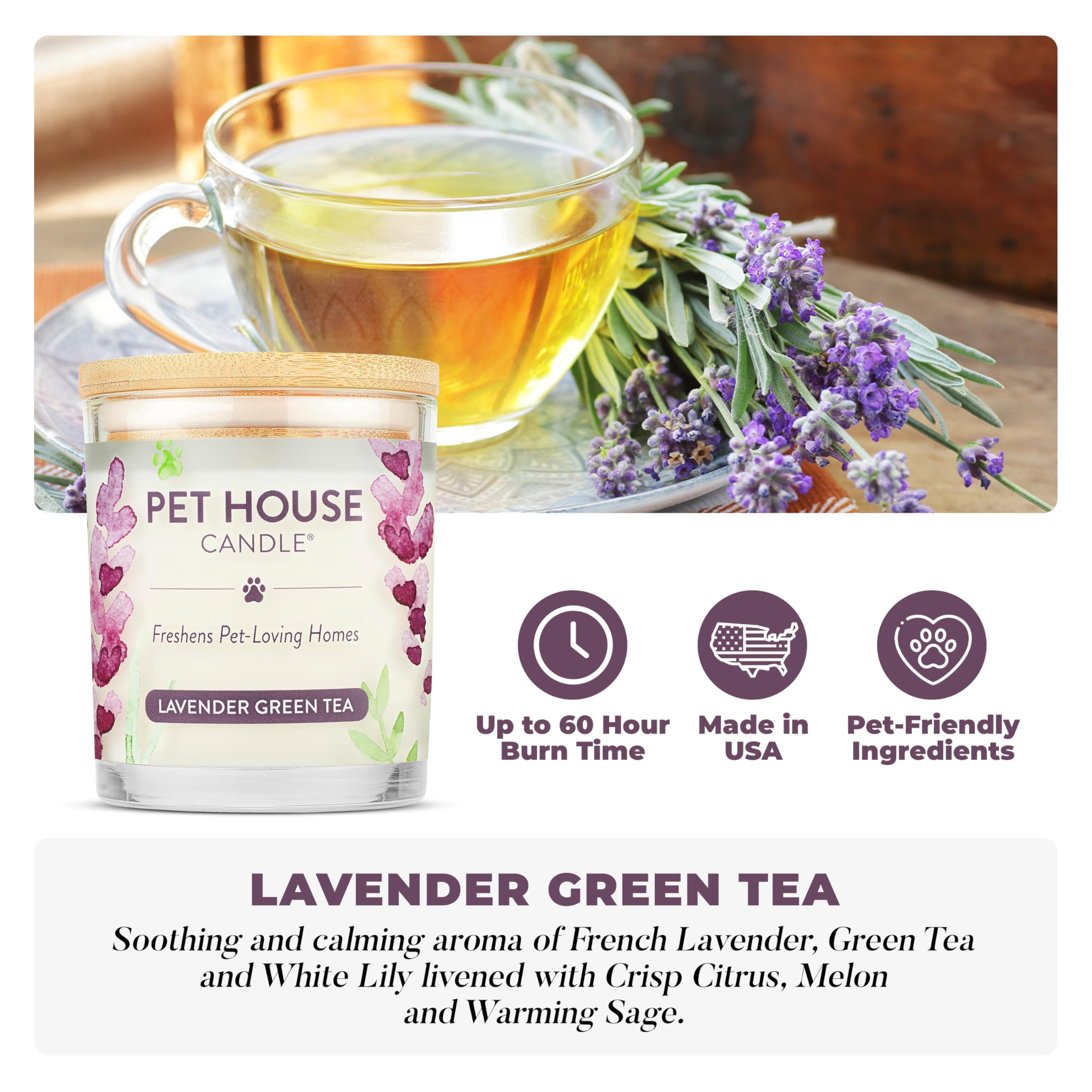 One Fur All Lavender Candle lit burn displays long-lasting fragrance for pet spaces.