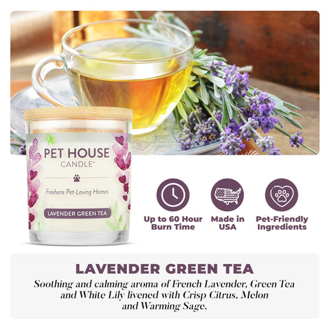 One Fur All Lavender Candle lit burn displays long-lasting fragrance for pet spaces.